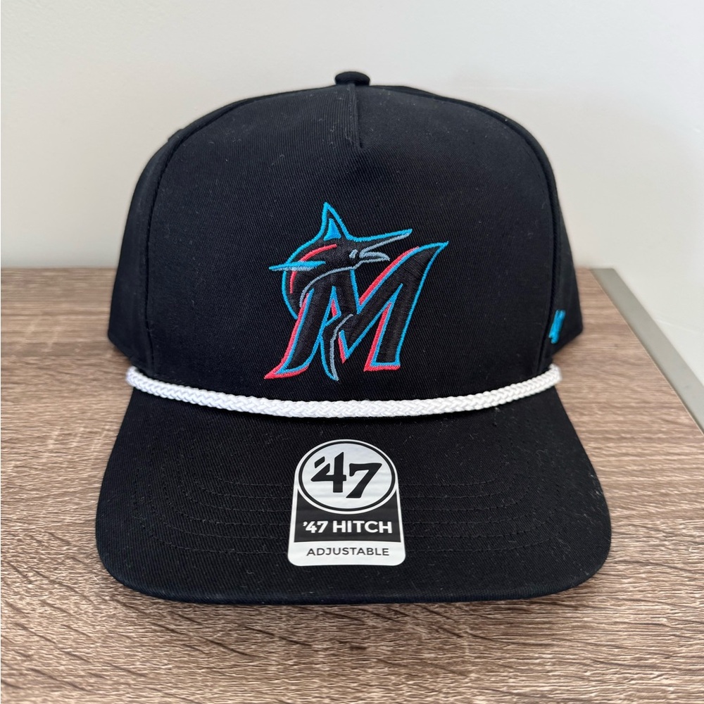 Men's '47 Black Miami Marlins Hitch Adjustable Hat Visor Rope